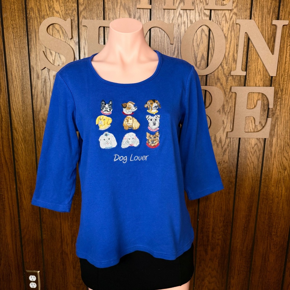 Vtg Blue Embroidered Dog Lover Top Quacker Factory S Grandmacore Novelty Kitschy